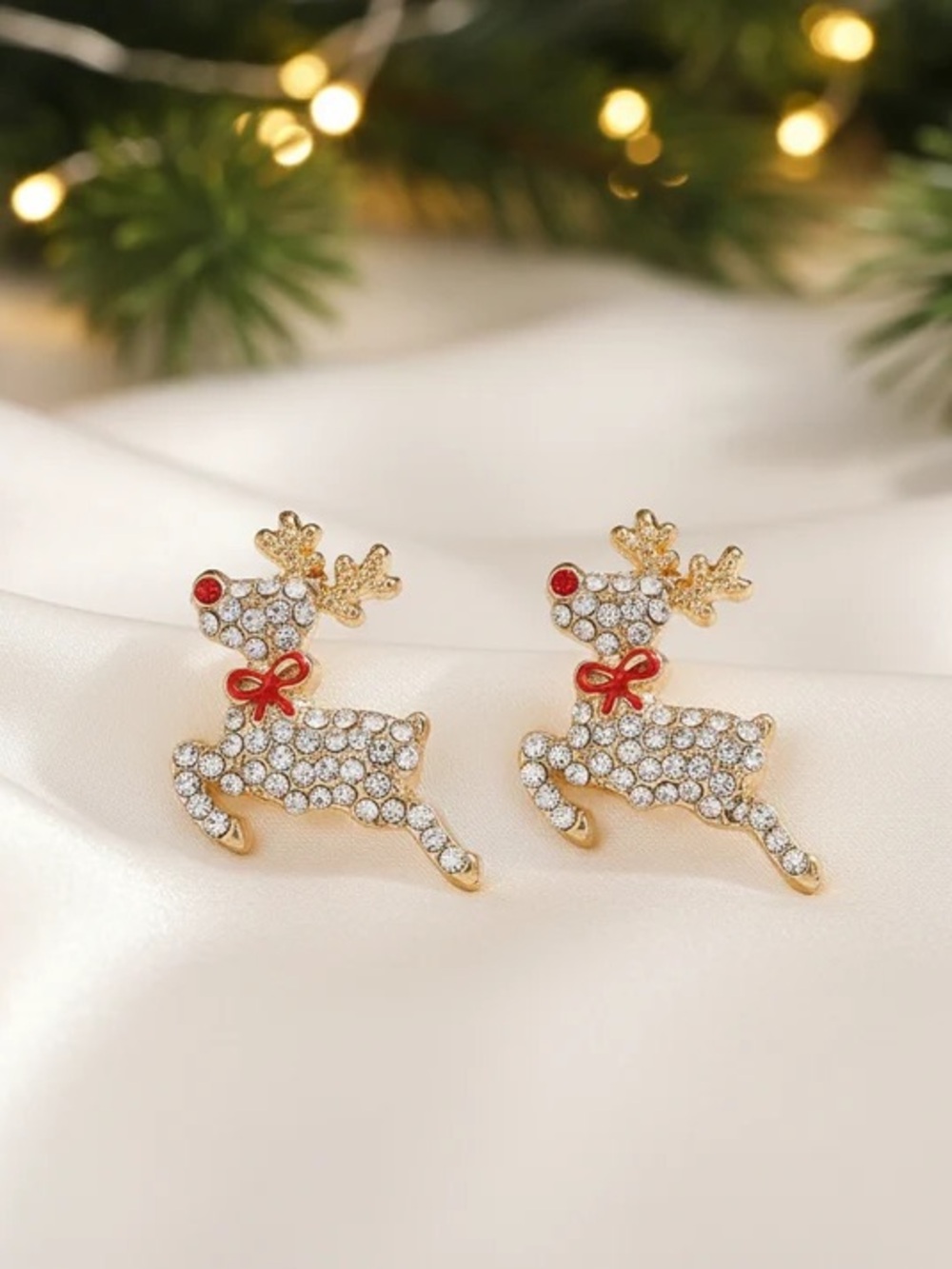 Holiday Gold Reindeer Crystal Stud Earrings